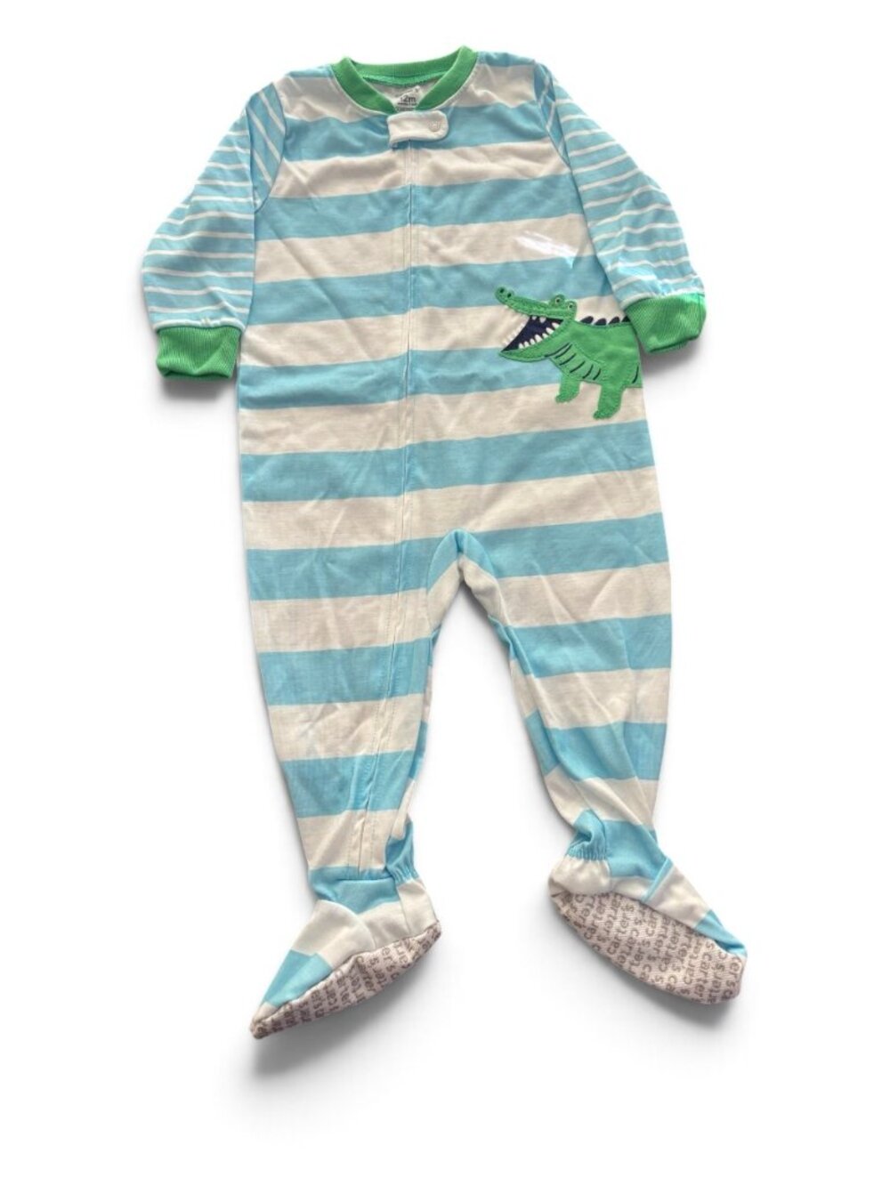 NWT Carter's Baby Blue White Striped Alligator Footed Sleeper Pajamas Green Trim